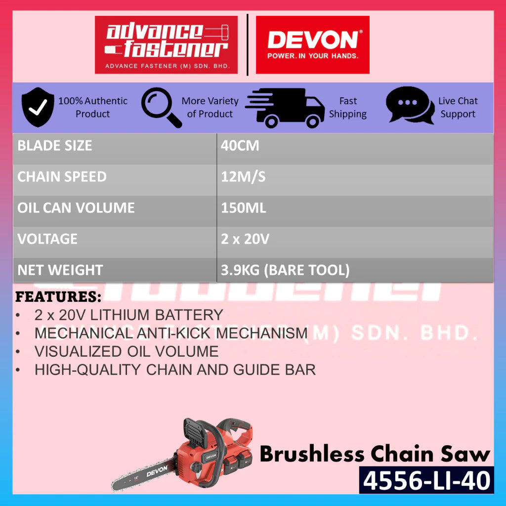 Devon 20V Brushless Chain Saw 400MM (16“) 4556