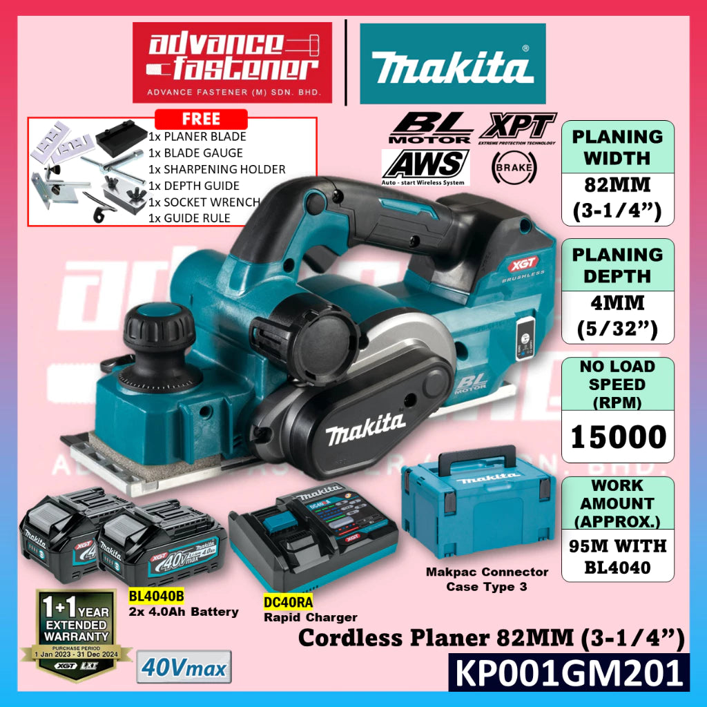 Makita KP001GM201/ KP001GZ 40Vmax Cordless Planer 82MM (3-1/4")