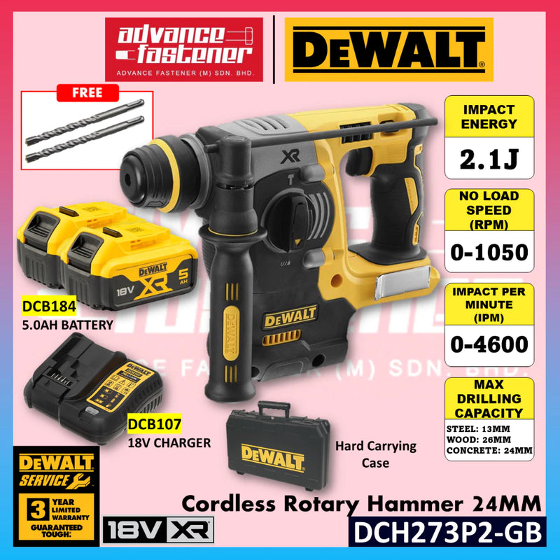 DeWalt DCH273P2-GB 18V XR Cordless Rotary Hammer 24MM - 3 Mode