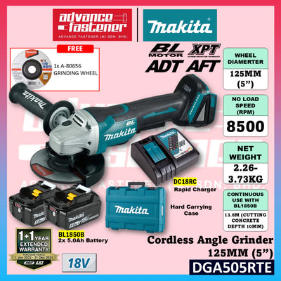 Makita DGA505RTE / DGA505RFE / DGA505Z 18V Cordless Angle Grinder 125MM (5")