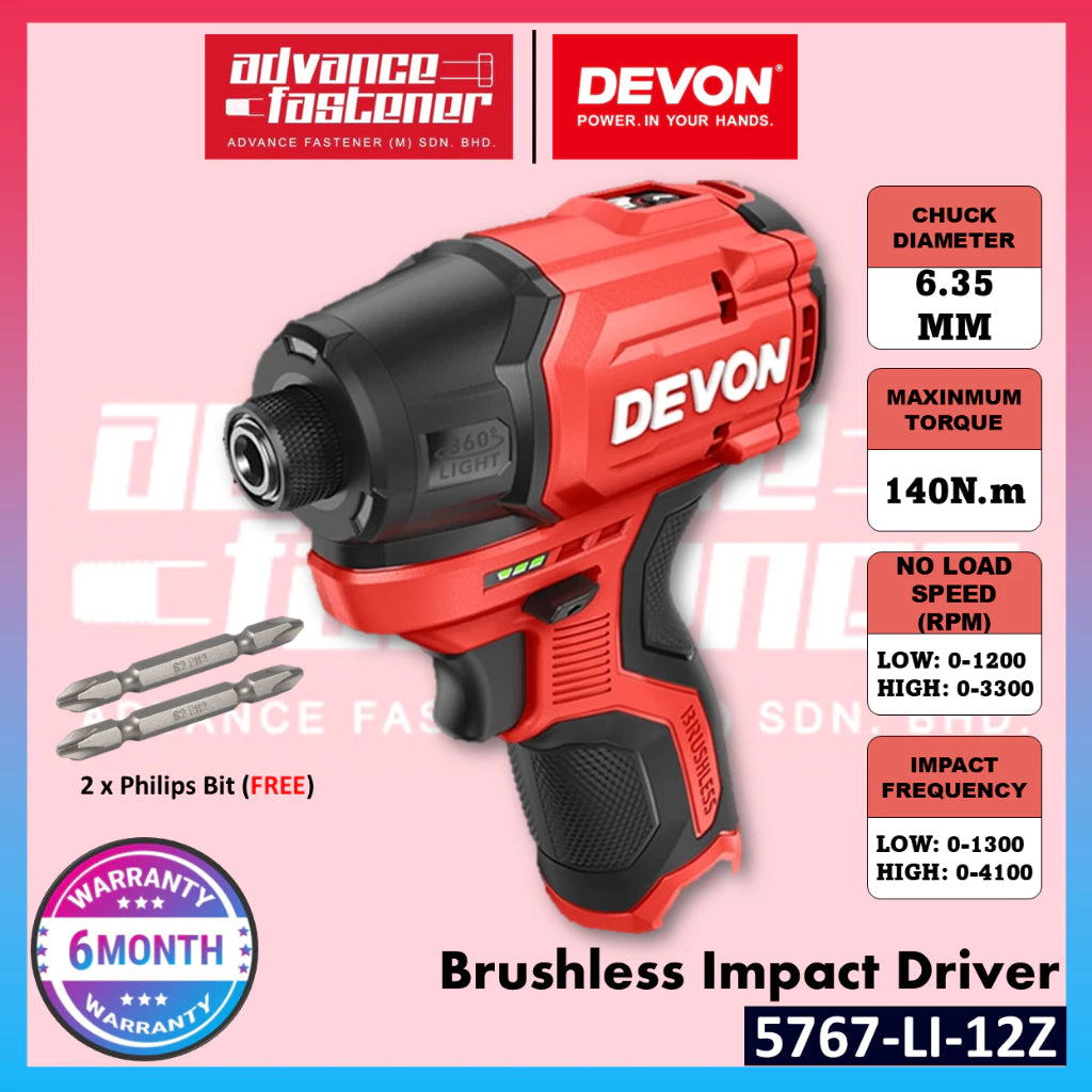 Devon 5767-Li-12 / 5767-Li-12Z 12V Cordless Brushless Impact Driver 6.35mm