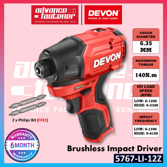 Devon 5767-Li-12 / 5767-Li-12Z 12V Cordless Brushless Impact Driver 6.35mm