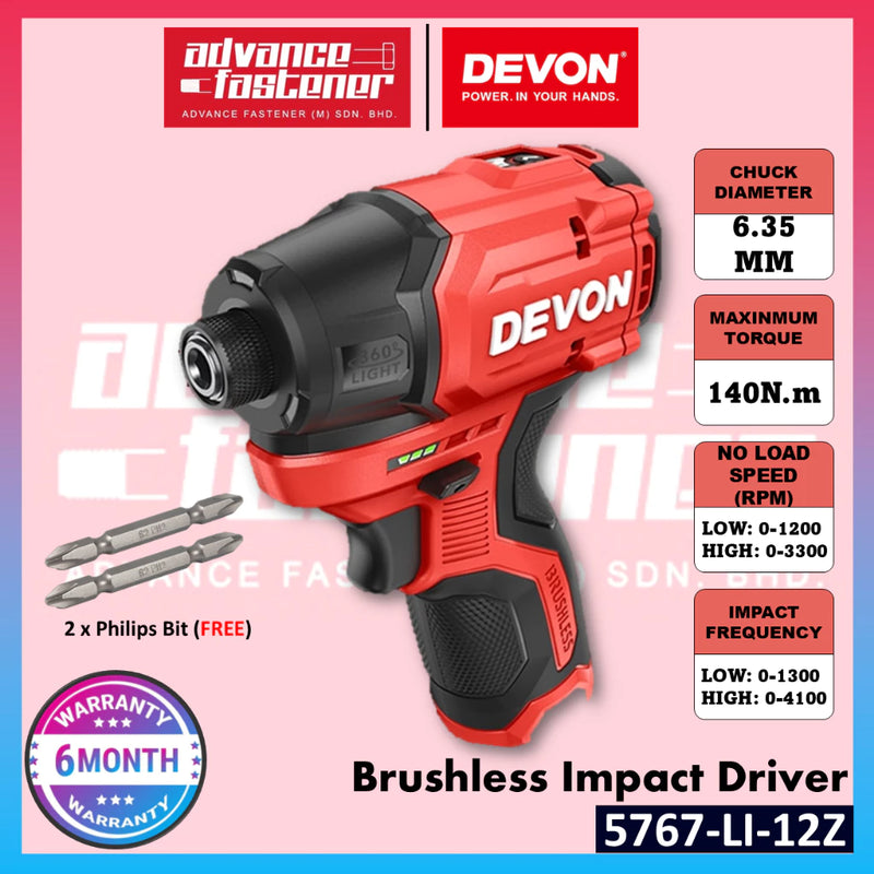 Devon 5767-Li-12 / 5767-Li-12Z 12V Cordless Brushless Impact Driver 6.35mm