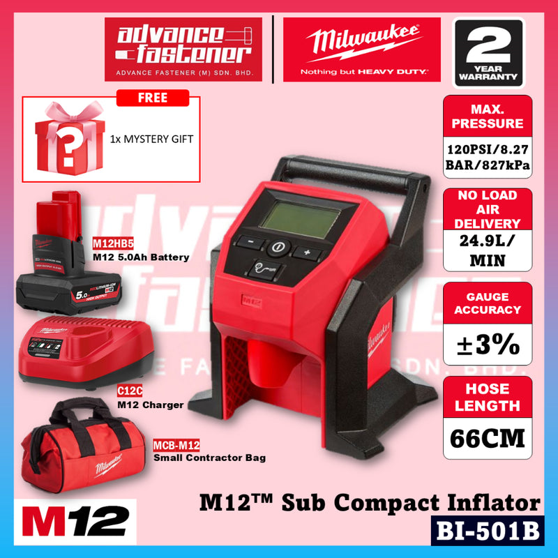 Milwaukee BI-601B / BI-0 M12™ Sub Compact Inflator 8.27 Bar / 120PSI