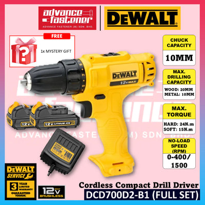 DEWALT DCD700D2-B1 12V Li-ion Cordless Compact Drill Driver 10MM (DCD700)