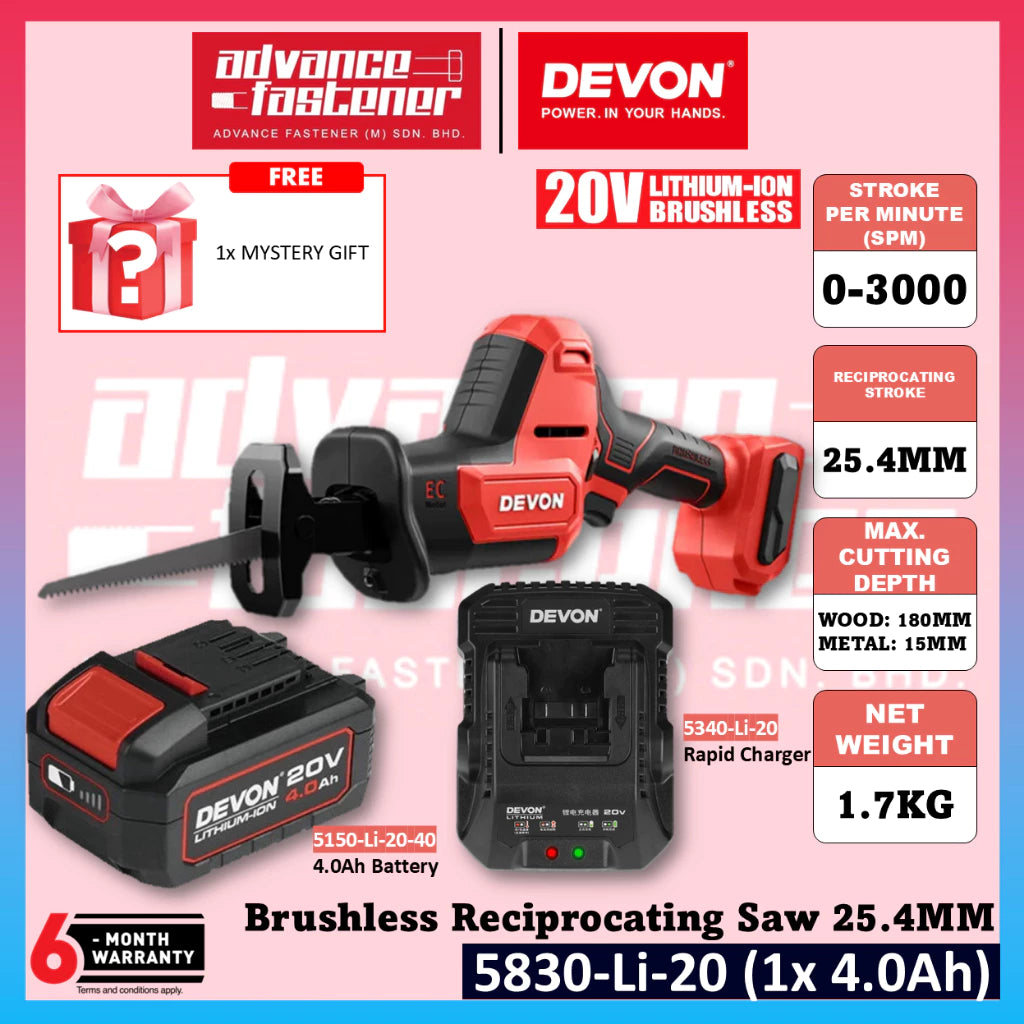 DEVON 5830-Li-20 / 5830-Li-20Z 20V Brushless Cordless Reciprocating Saw 25.4MM