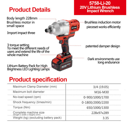 DEVON 5758-Li-20 / 5758-Li-20Z 20V Brushless Cordless Impact Wrench (3/4”)