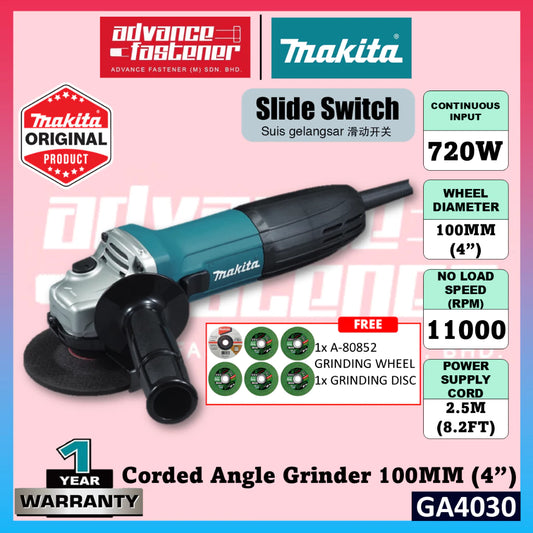 Makita GA4030 Corded Angle Grinder 100MM (4") 720W (Slide Switch)
