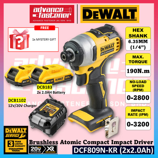 DeWalt DCF809N-KR 20V MAX Cordless Brushless Atomic Compact Impact Driver 6.35MM (1/4") 190N.m