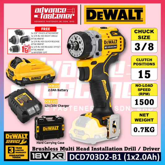 DeWalt DCD703D2-B1 12V Brushless Multi Head Installation Drill / Driver