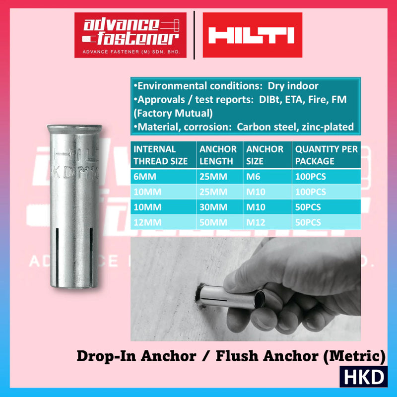 HILTI HKD Drop-in Anchor / Flush Anchor (Metric) M6 x25 / M10 x 25 / M10 x 30 / M10 x 40 / M12 x 50