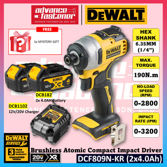 DeWalt DCF809N-KR 20V MAX Cordless Brushless Atomic Compact Impact Driver 6.35MM (1/4") 190N.m