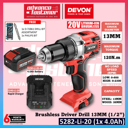 DEVON 5282-LI-20TS / 5282-LI-20Z 20V Brushless Cordless Driver Drill 13MM (1/2")