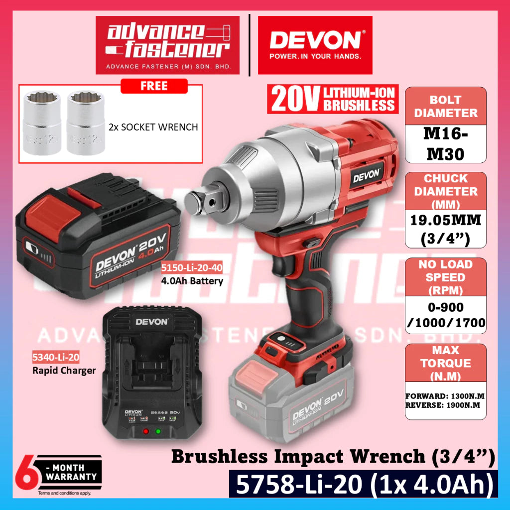 DEVON 5758-Li-20 / 5758-Li-20Z 20V Brushless Cordless Impact Wrench (3/4”)