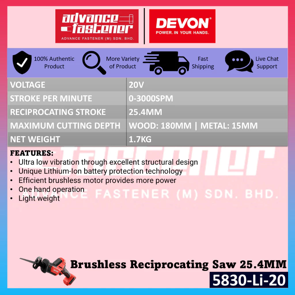 DEVON 5830-Li-20 / 5830-Li-20Z 20V Brushless Cordless Reciprocating Saw 25.4MM