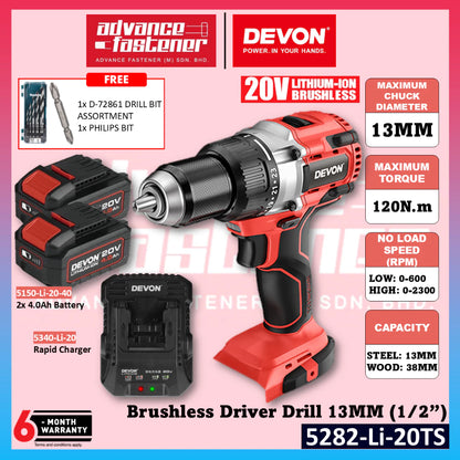 DEVON 5282-LI-20TS / 5282-LI-20Z 20V Brushless Cordless Driver Drill 13MM (1/2")