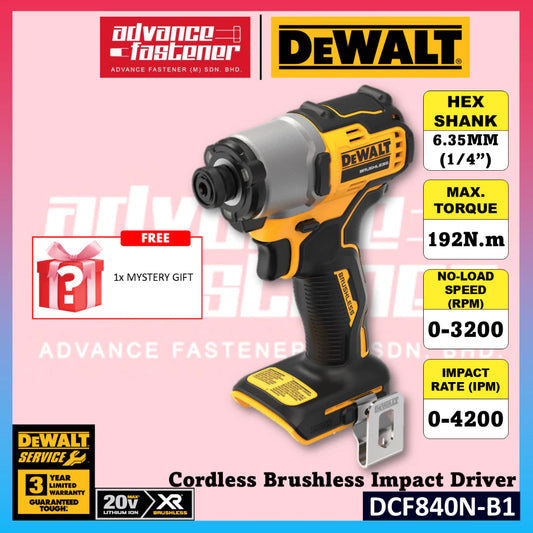 DeWalt DCF840N-B1 20V MAX Cordless Brushless Impact Driver 6.35MM (1/4") 192N.m