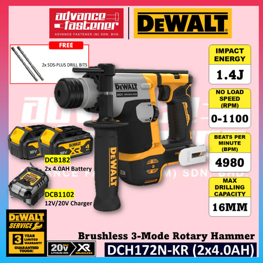 DeWalt DCH172N-KR 20V MAX Cordless Brushless 3-Mode Cordless Rotary Hammer 16mm with SDS-Plus