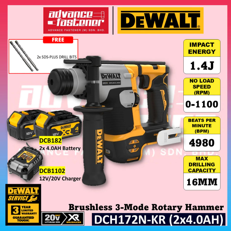 DeWalt DCH172N-KR 20V MAX Cordless Brushless 3-Mode Cordless Rotary Hammer 16mm with SDS-Plus