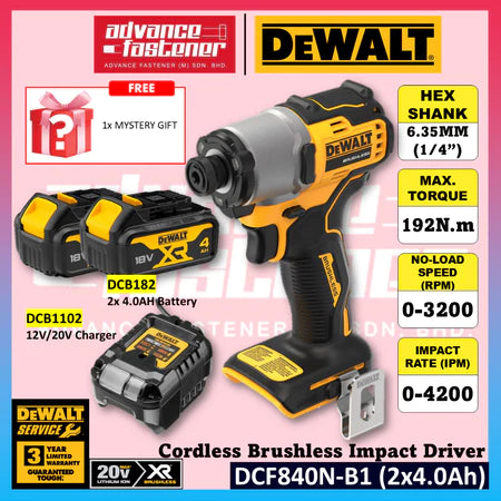 DeWalt DCF840N-B1 20V MAX Cordless Brushless Impact Driver 6.35MM (1/4") 192N.m