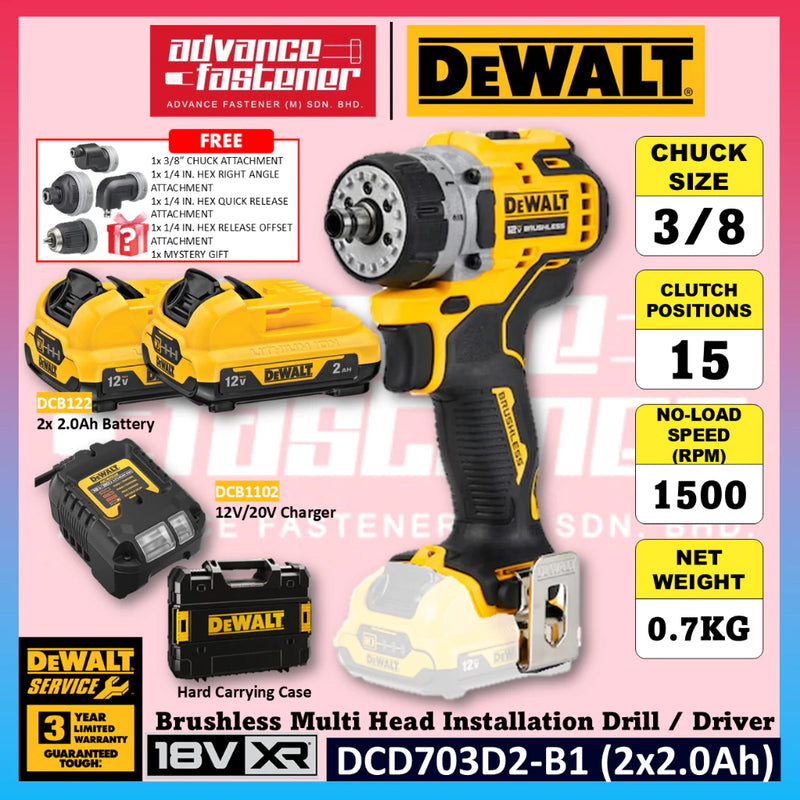 DeWalt DCD703D2-B1 12V Brushless Multi Head Installation Drill / Driver