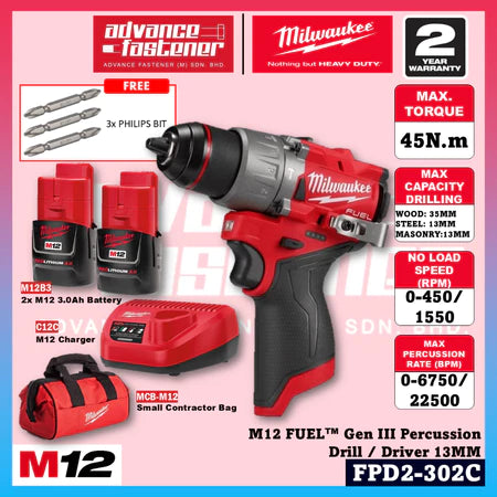 Milwaukee FPD2-602C / FPD2-0 M12 FUEL™ Gen III Percussion Drill / Driver 13MM