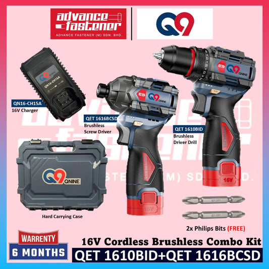 Q9 QNINE QET 1610BID 16V Cordless Brushless Driver Drill + QET 1616BCSD 16V Cordless Brushless Impact Driver Combo Kit