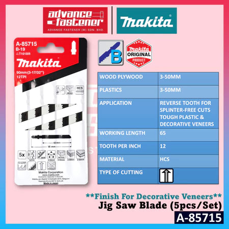Makita Accessories A-85715 / A-85880 / B-04933 Reverse Tooth Jig Saw Blade (Downward)