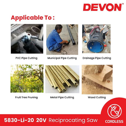 DEVON 5830-Li-20 / 5830-Li-20Z 20V Brushless Cordless Reciprocating Saw 25.4MM