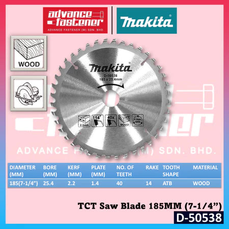Makita Accessories D-50516 D-50522 D-50538 TCT Saw Blade 185MM (7-1/4") For Wood