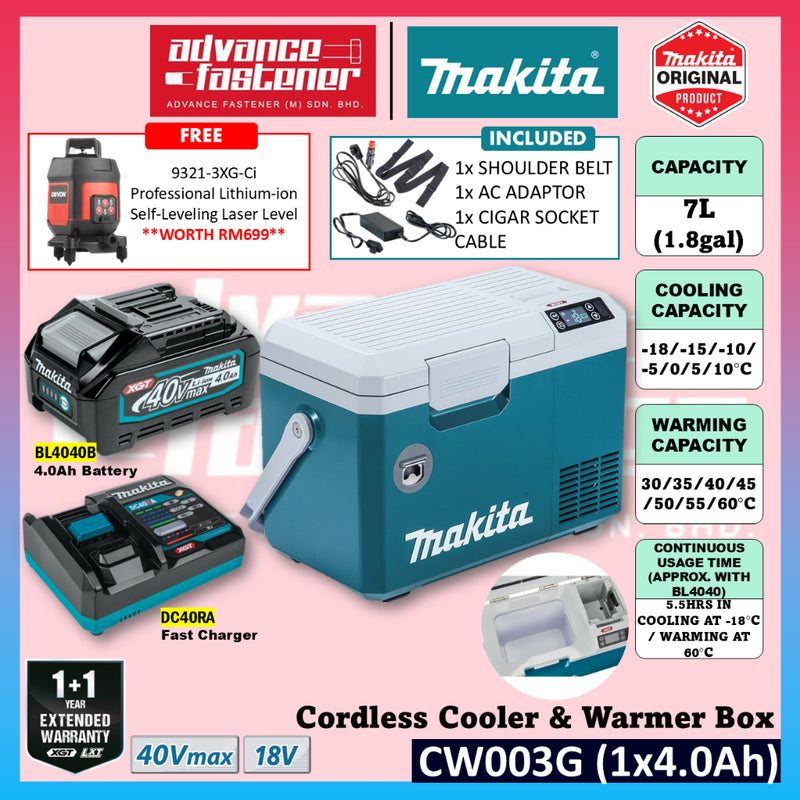 Makita CW003 / CW003GZ 40Vmax / 18V Cordless Cooler & Warmer Box **FREE 9321-3XG-Ci DEVON Laser