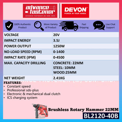 DEVON KEN BL2120-40B / 5401-LI-20RH / 5401-LI-20Z 20V Brushless Cordless 3-Mode Rotary Hammer 22MM