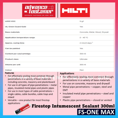 Hilti FS-ONE MAX Firestop Intumescent Sealant 300ml（Small Bottle） 【Firestop sealants and sprays】