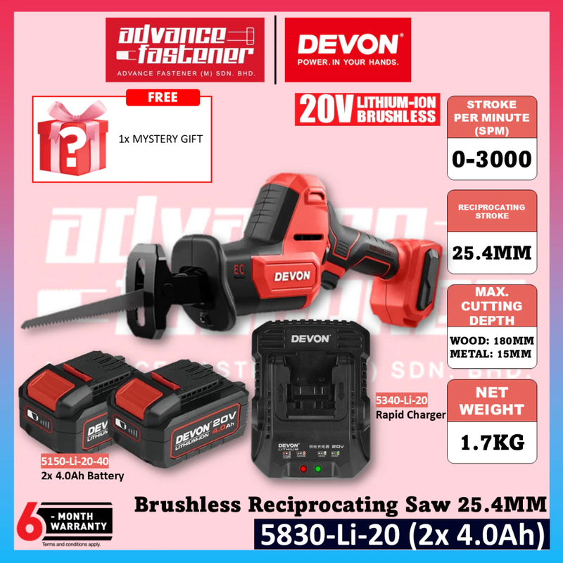 DEVON 5830-Li-20 / 5830-Li-20Z 20V Brushless Cordless Reciprocating Saw 25.4MM