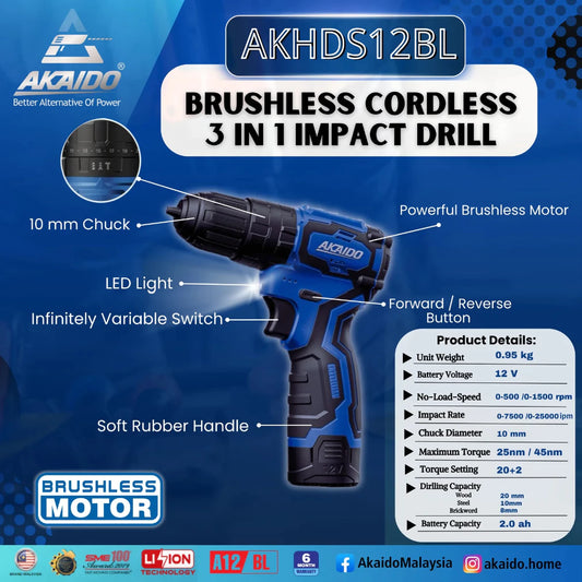 AKAIDO AKHDS12BL 12V Brushless Cordless 3-in-1 Impact Drill