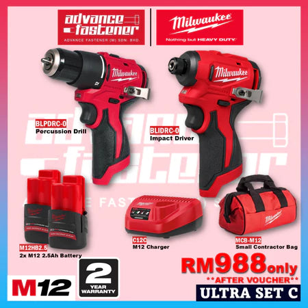 Milwaukee M12 ULTRA GO Brushless Combo Set / BLPDRC M12 Percussion Drill / BLIDRC M12 Impact Driver