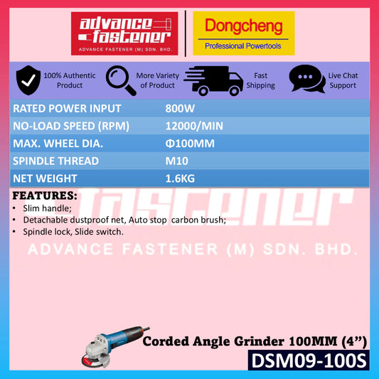 DONG CHENG DSM09-100S Corded Angle Grinder 100MM (4") 800W | Slide Switch Slim Body
