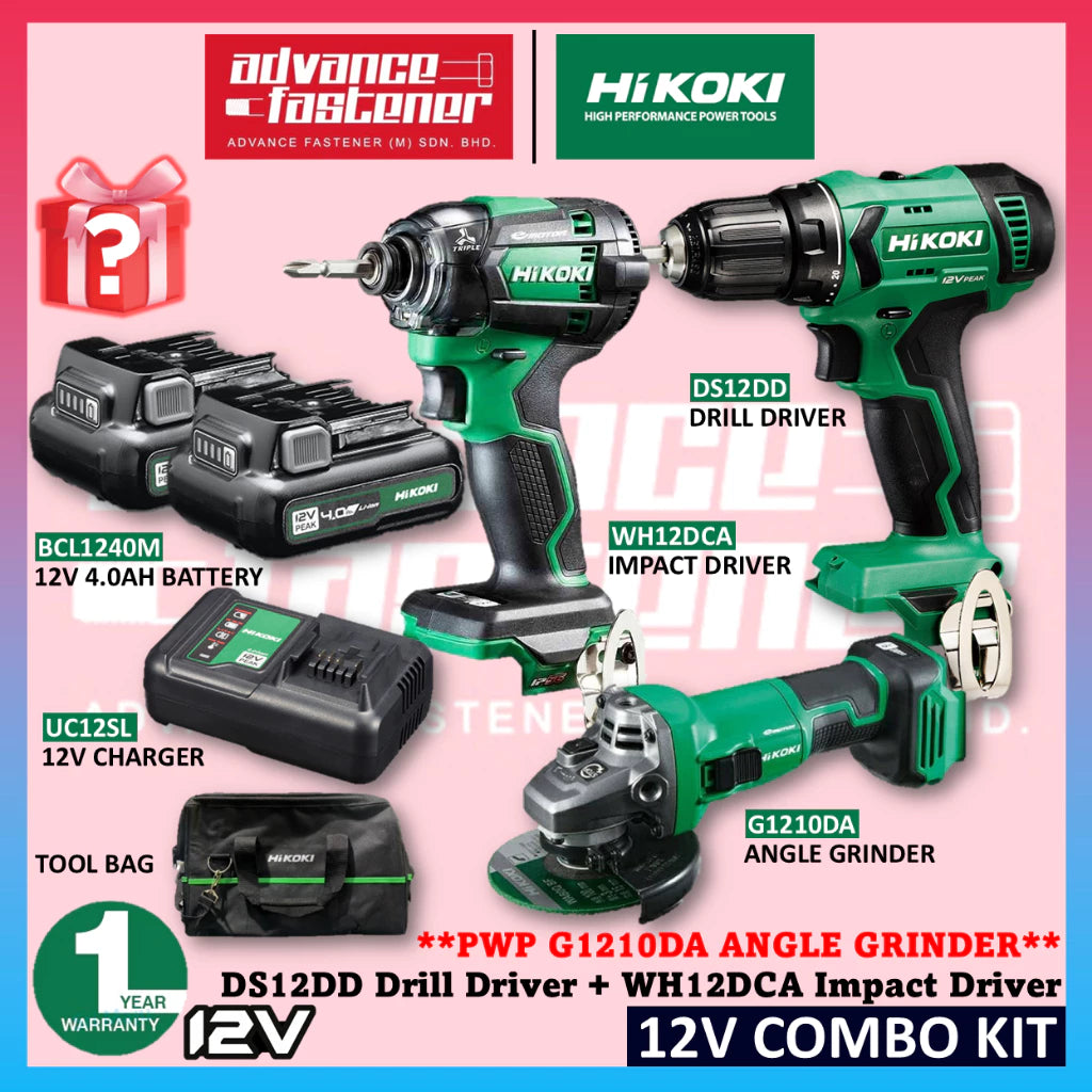 HiKOKI KC12DSWH 12V Cordless Combo Kit ( DS12DD Drill Driver + WH12DCA Impact Driver + G1210DA Angle Grinder )