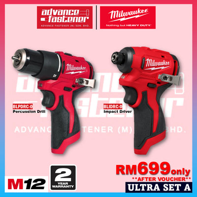 Milwaukee M12 ULTRA GO Brushless Combo Set / BLPDRC M12 Percussion Drill / BLIDRC M12 Impact Driver
