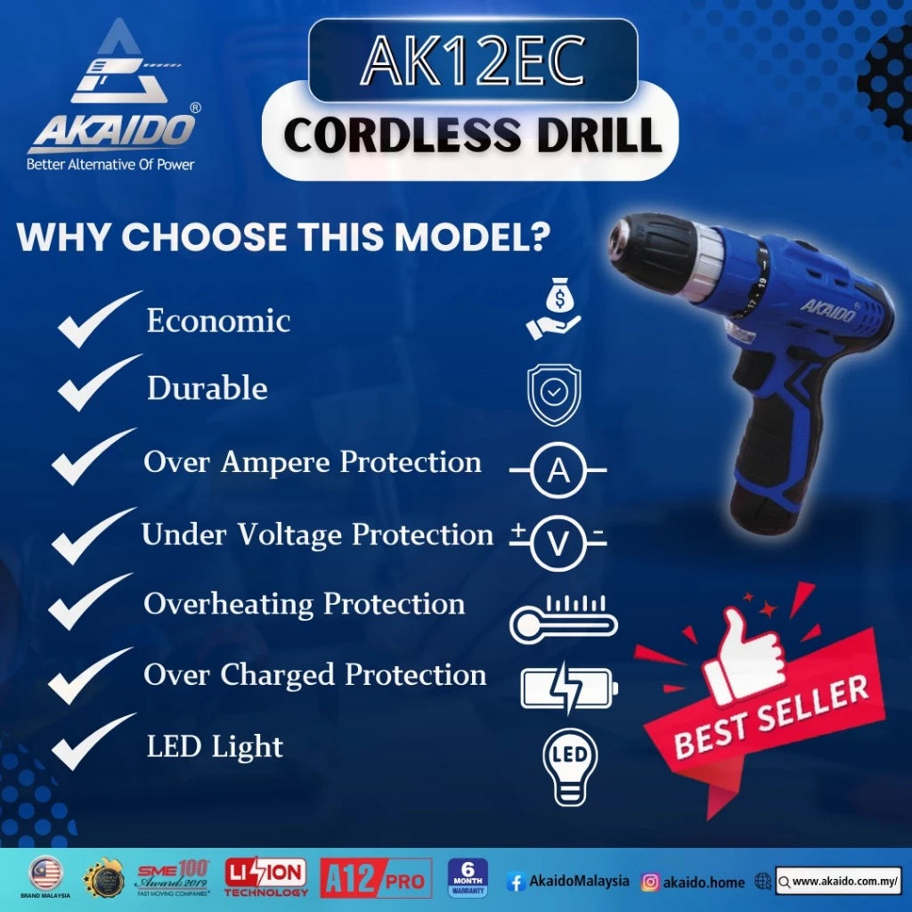 AKAIDO AK12EC A12PRO 12V Cordless Drill 25Nm (3 pcs 2.0Ah Battery & 1 pc Charger) (6 Ｍonth Warranty)