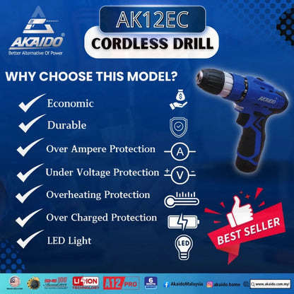 AKAIDO AK12EC A12PRO 12V Cordless Drill 25Nm (3 pcs 2.0Ah Battery & 1 pc Charger) (6 Ｍonth Warranty)