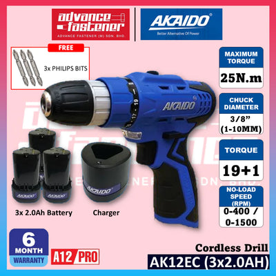 AKAIDO AK12EC A12PRO 12V Cordless Drill 25Nm (3 pcs 2.0Ah Battery & 1 pc Charger) (6 Ｍonth Warranty)