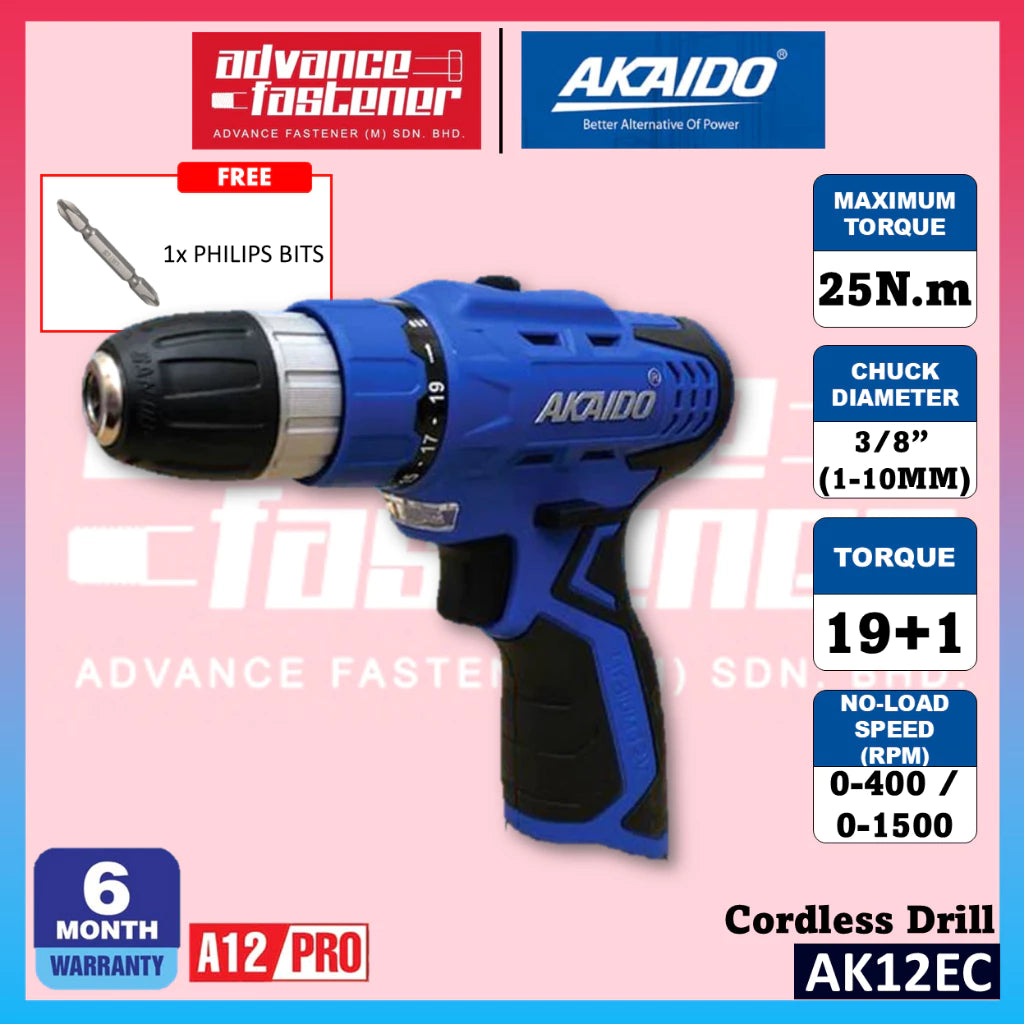 AKAIDO AK12EC A12PRO 12V Cordless Drill 25Nm (3 pcs 2.0Ah Battery & 1 pc Charger) (6 Ｍonth Warranty)