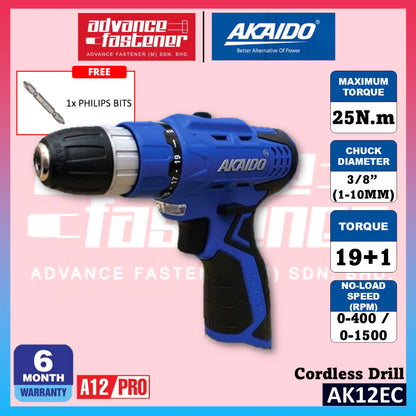 AKAIDO AK12EC A12PRO 12V Cordless Drill 25Nm (3 pcs 2.0Ah Battery & 1 pc Charger) (6 Ｍonth Warranty)