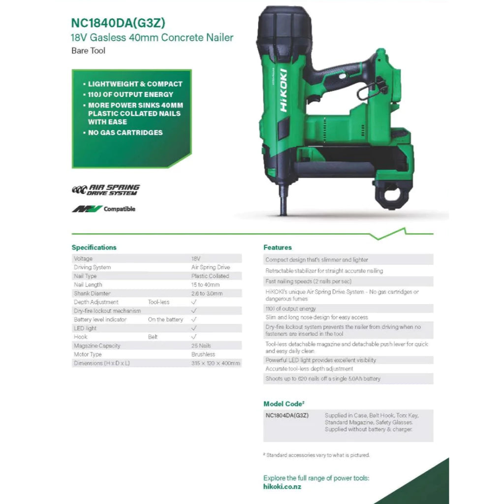 HiKOKI NC1840DA 18V Cordless Concrete Nailer 40MM