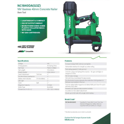 HiKOKI NC1840DA 18V Cordless Concrete Nailer 40MM