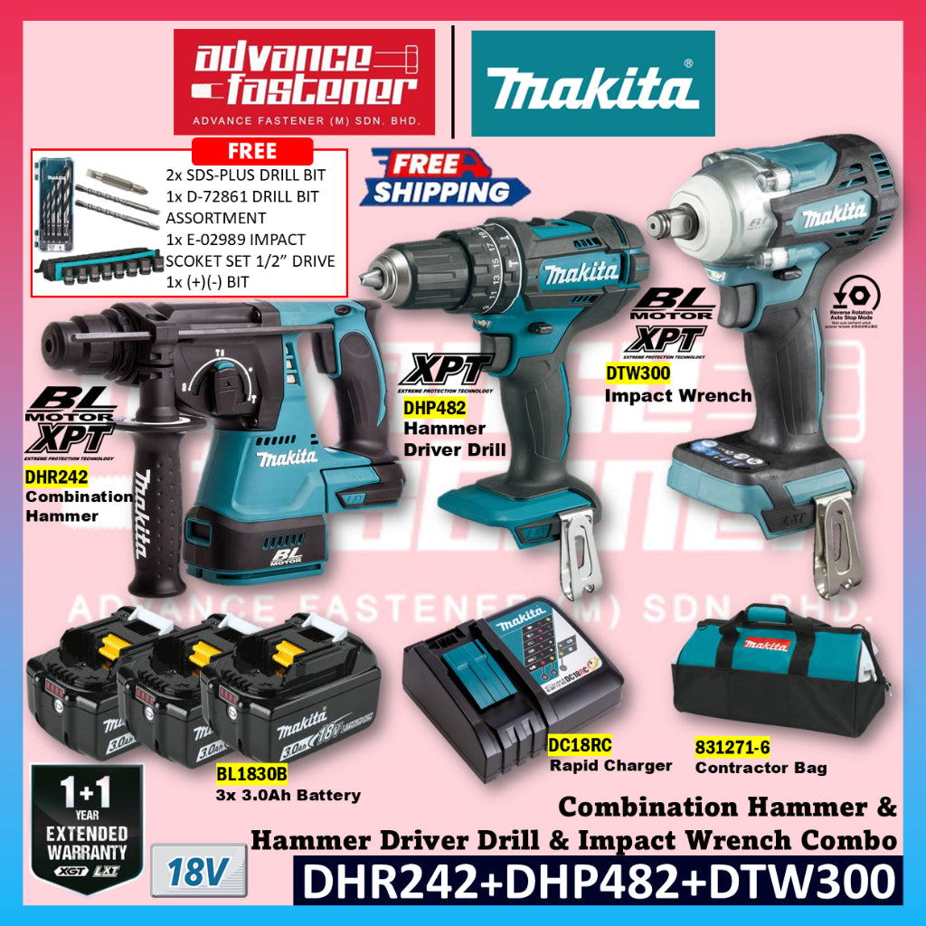 MAKITA 18V COMBO 3IN1 SET (ROTARY+GRINDER+IMPACT WRENCH) (DHR242+DGA404+DTW300)