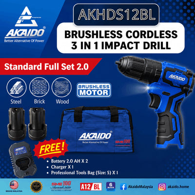 AKAIDO AKHDS12BL 12V Brushless Cordless 3-in-1 Impact Drill