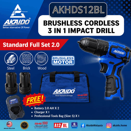 AKAIDO AKHDS12BL 12V Brushless Cordless 3-in-1 Impact Drill