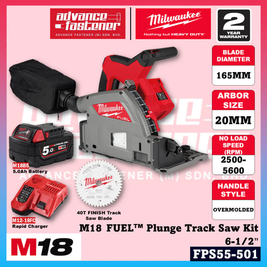 Milwaukee FPS55-501 FPS55-0 M18 FUEL™ Plunge Track Saw Kit 6-1/2” / GR1400 1.4m Aluminium Guide Rail